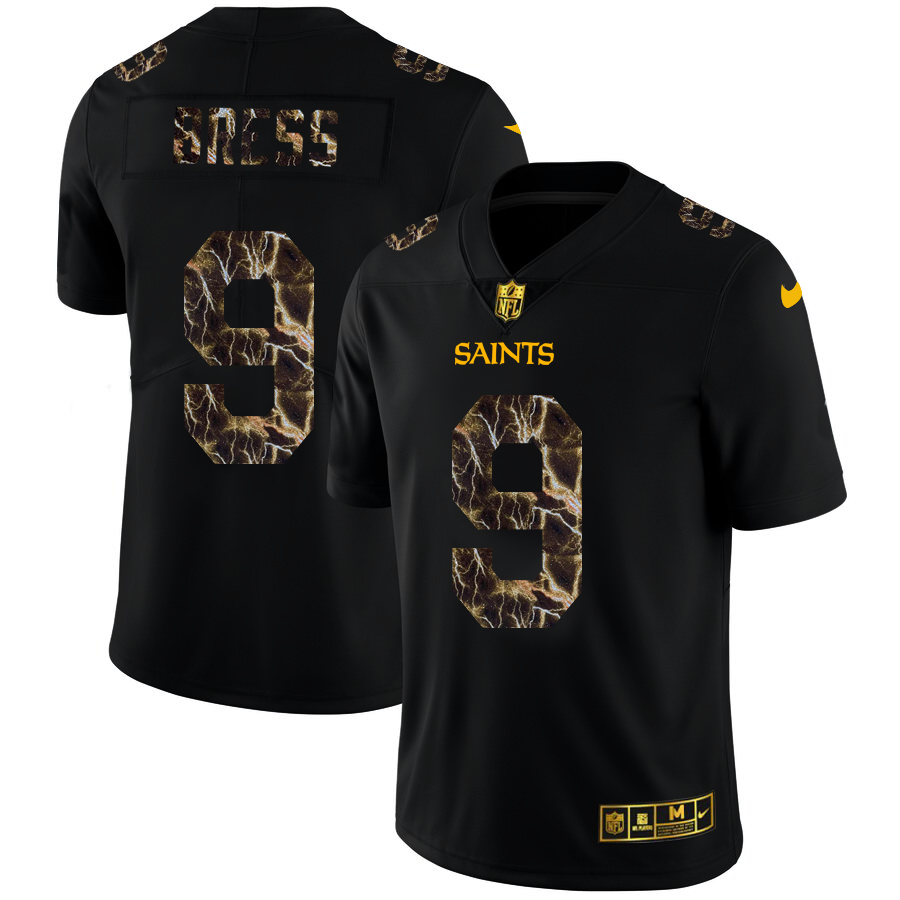 2020 New Orleans Saints 9 Drew Brees Men Black Nike Flocked Lightning Vapor Limited NFL Jersey